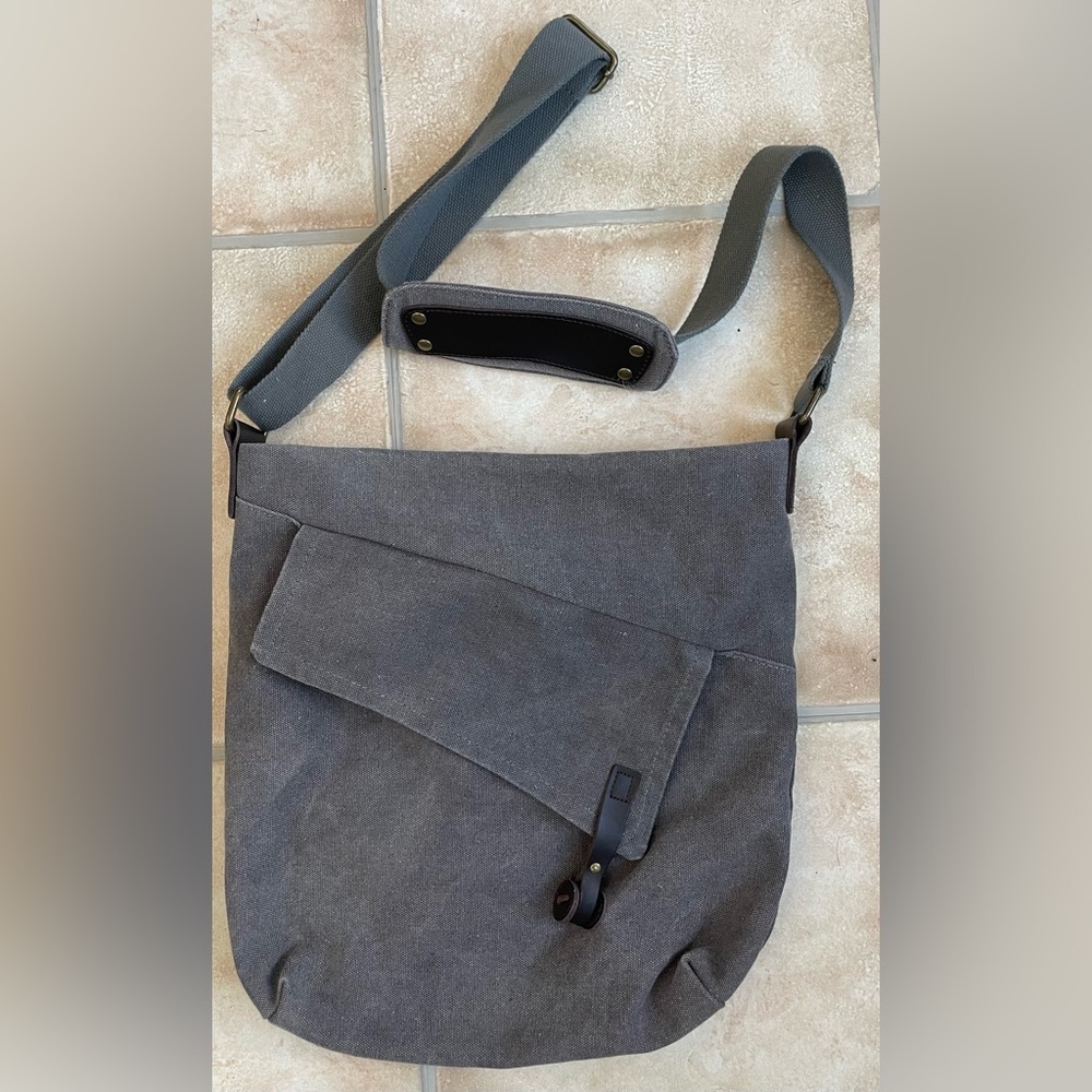 COOFIT Unisex Women's or Men's Crossbody Grey Shoulder Leather Canvas Bag 14"